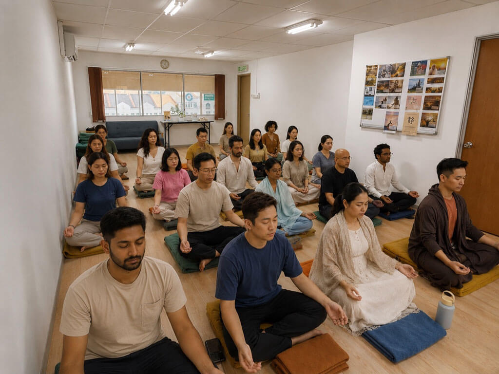 People sitting cross-legged in a guided meditation class, eyes closed, peaceful.