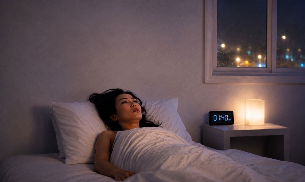 A woman lying awake in bed at night, eyes open, the bedside clock reading 1:40 AM.