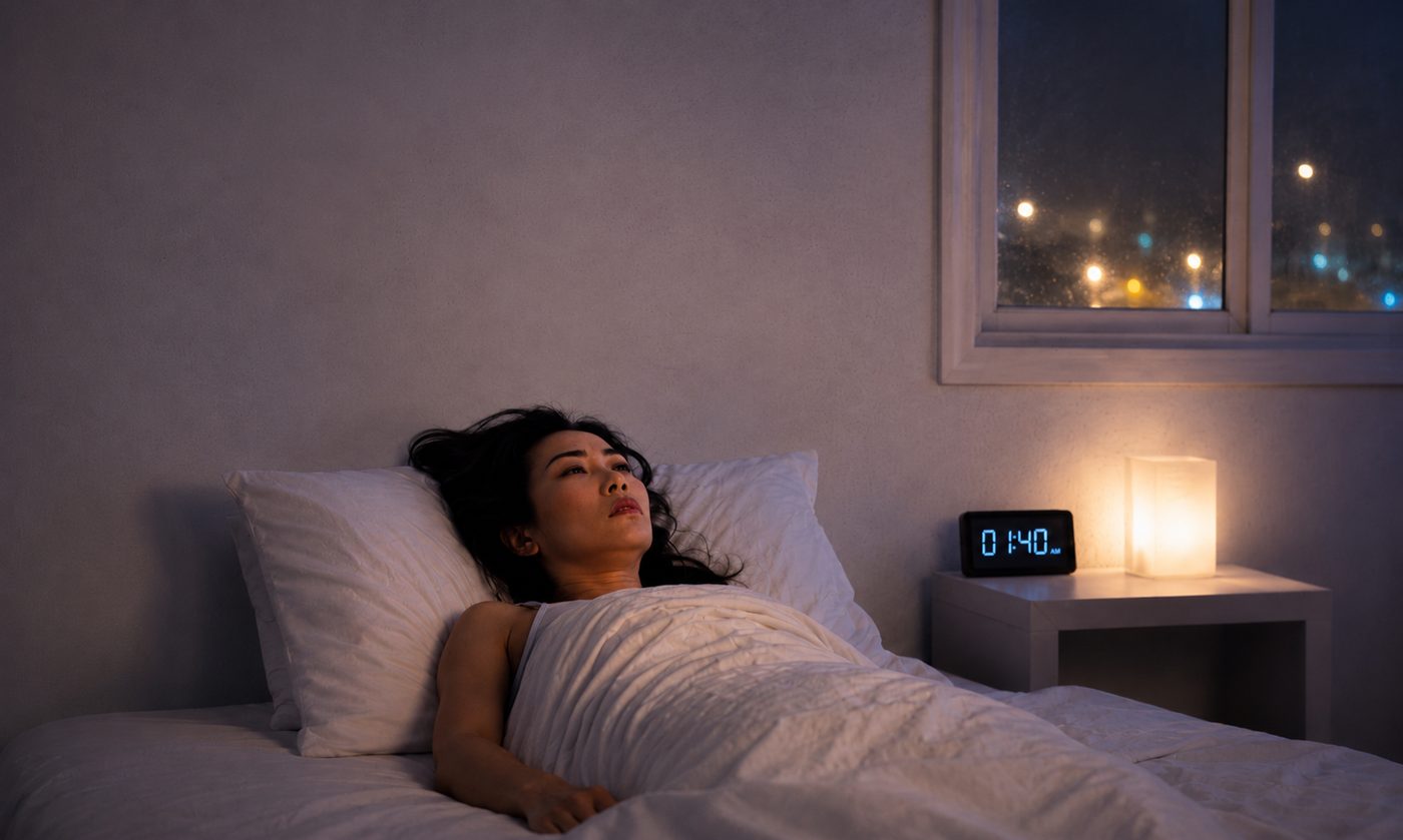 A woman lying awake in bed, eyes open, the bedside clock reading 1:40 AM.