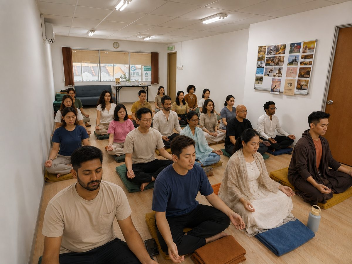 About twenty people seated cross-legged on cushions in a bright studio, eyes closed, mid-meditation.